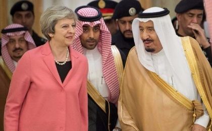 Saudi Arabia's King Salman bin Abdulaziz Al Saud welcomes British Prime Minister Theresa May in Riyadh, Saudi Arabia in April 2017.