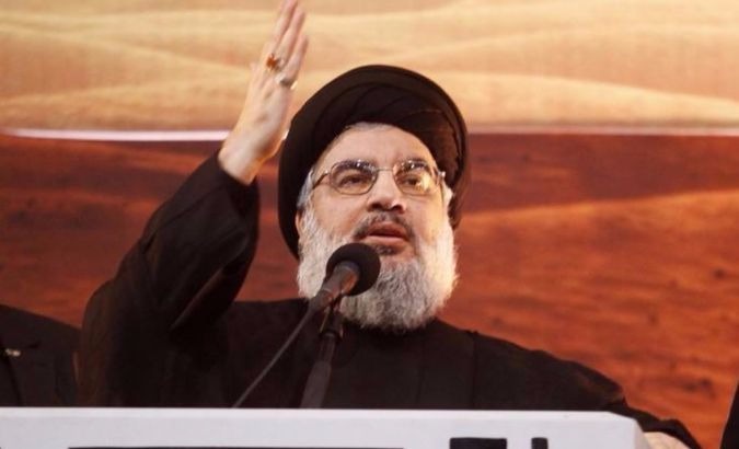 Lebanon's Hezbollah leader Sayyed Hassan Nasrallah addresses his supporters.