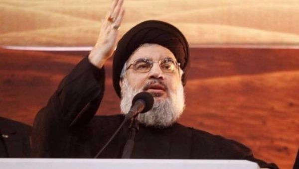 Lebanon's Hezbollah leader Sayyed Hassan Nasrallah addresses his supporters.