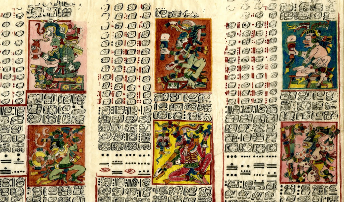 Made from bark paper, here are Leaves 46 to 49 from a facsimile of the Dresden Codex, a Maya screenfold book.