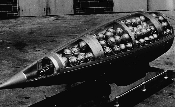 Illustrative photo depicting a U.S. Honest John missile warhead cutaway, revealing M134 Sarin bomblets circa 1960.