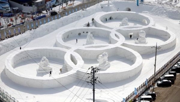 An ice sculpture of the Olympic rings is seen during the Pyeongchang Winter Festival, near the venue for the opening and closing ceremony of the PyeongChang 2018 Winter Olympic Games in South Korea. 