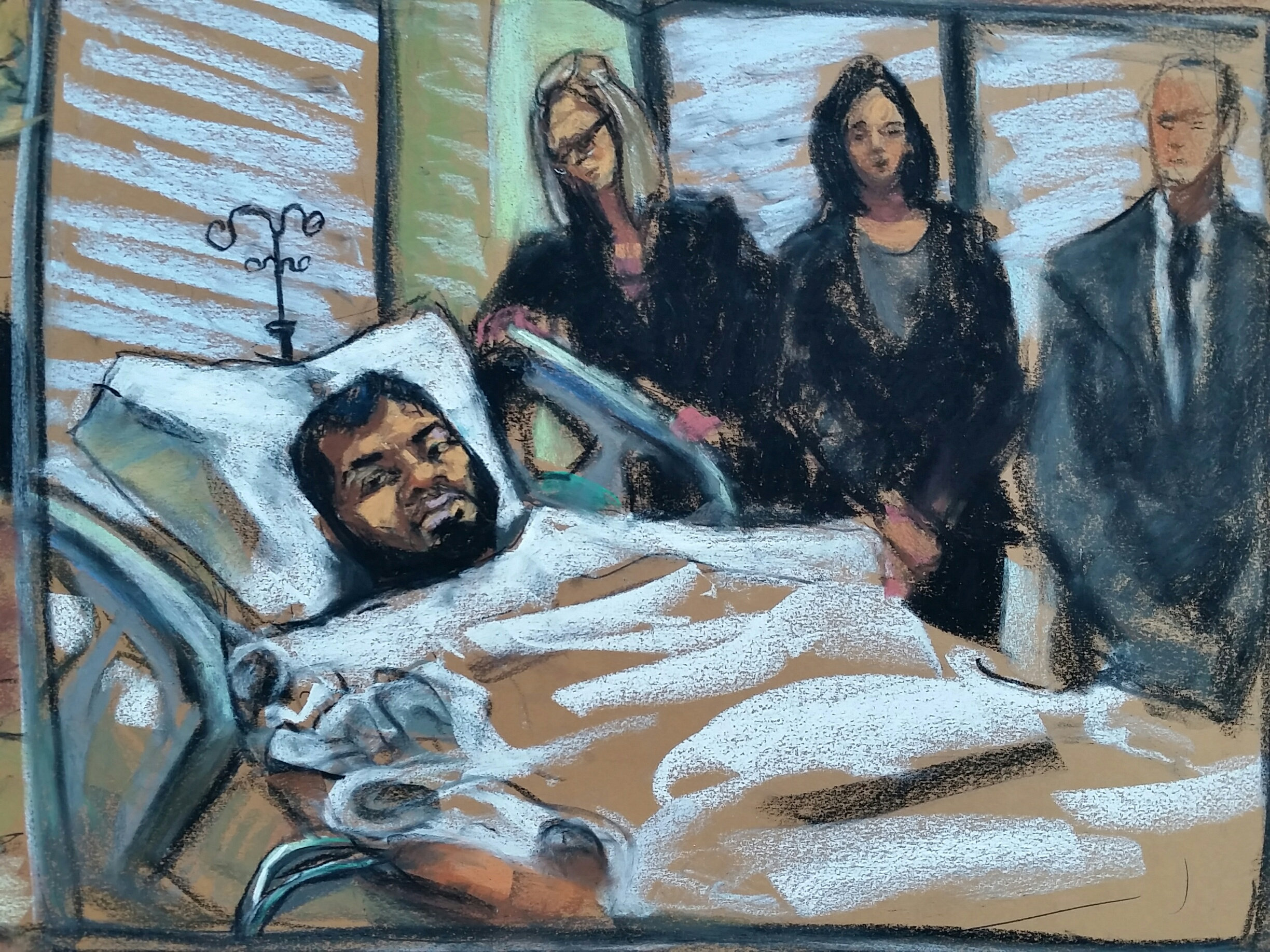 Akayed Ullah is seen in this courtroom sketch appearing by video for a hearing from his bed in Bellevue Hospital in New York, NY, U.S., December 13, 2017. REUTERS/Jane Rosenberg