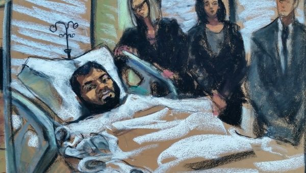 Akayed Ullah is seen in this courtroom sketch appearing by video for a hearing from his bed in Bellevue Hospital in New York, NY, U.S., December 13, 2017. REUTERS/Jane Rosenberg