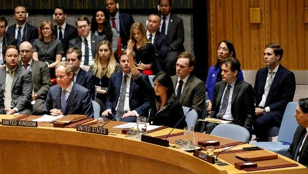 U.S. Ambassador to the United Nations Nikki Haley vetos an Egyptian-drafted resolution regarding recent decisions concerning the status of Jerusalem, during the United Nations Security Council meeting on the situation in the Middle East, including Palestine, at U.N. Headquarters in New York City, New York, U.S., December 18, 2017