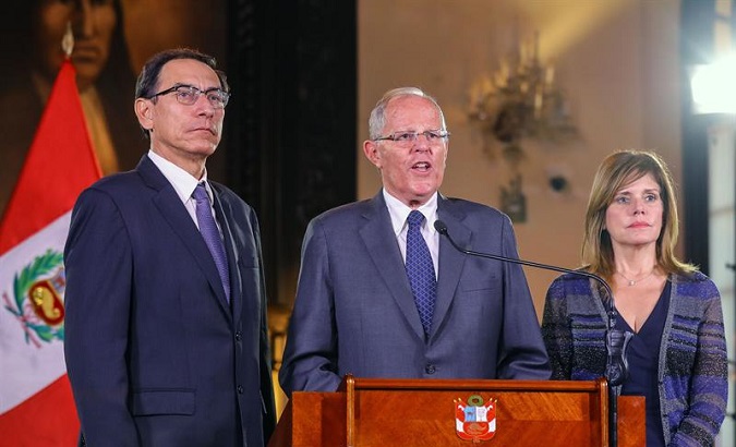 Embattled Peruvian President Pedro Kuczynski (C), who claims his nation is facing a thinly disguised coup d'etat.