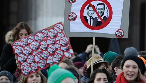 People protest against Austrian Chancellor Sebastian Kurz and Vice Chancellor of Austria's of the new far-right government in Vienna, Austria, Dec. 18, 2017.