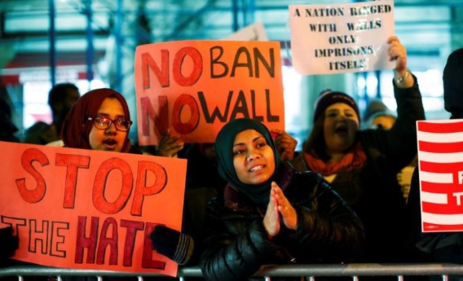 People protest against President Donald Trump's travel ban in New York City, U.S. in February 2017.