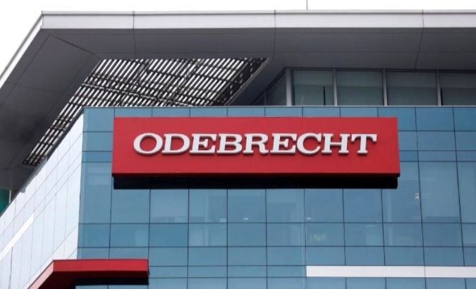 A sign displaying the logo of the Odebrecht SA construction conglomerate is pictured in Lima, Peru.