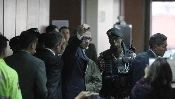 Ecuadorean VP Jorge Glas reacts as he arrives to court to attend his trial over graft in Quito, Ecuador, Dec. 13, 2017. 