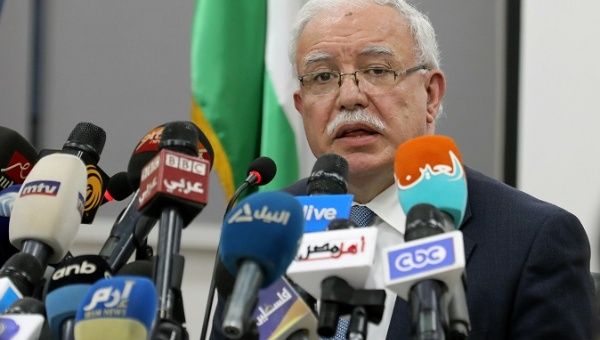 Palestinian National Authority Minister of Foreign Affairs Riyad Al Maliki speaks during a news conference at the Palestine Embassy.