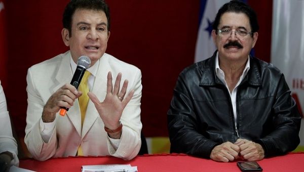 Opposition candidate Salvador Nasralla speaks during a news conference accompanied by former president of Honduras Manuel Zelaya in Tegucigalpa, Honduras January 2, 2018. 