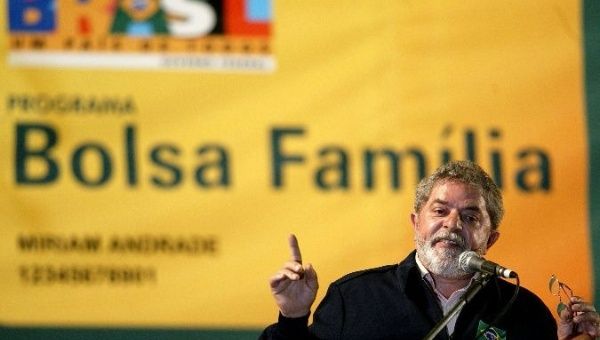 Former Brazilian President Luiz Inacio Lula da Silva speaks during a Family Allowance (Bolsa Familia) event.