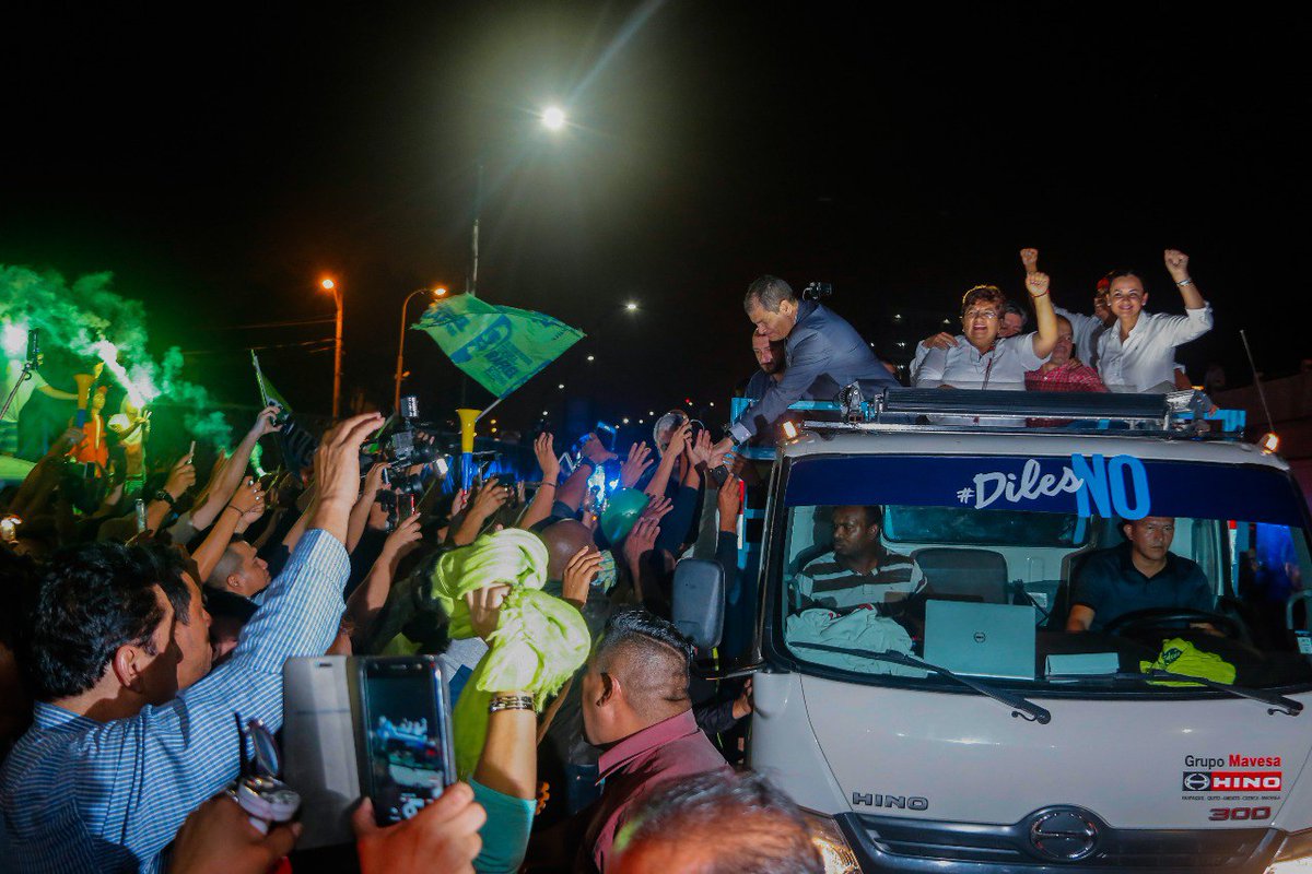 Former President Rafael Correa with supported after returning to Ecuador to lead the campaign against the referendum last night.