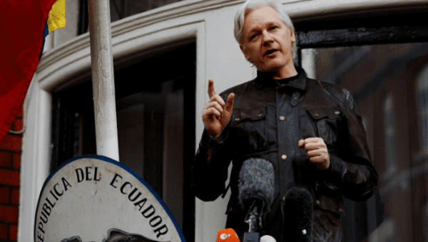 WikiLeaks founder Julian Assange is seen on the balcony of the Ecuadorean Embassy in London, Britain, May 19, 2017. 