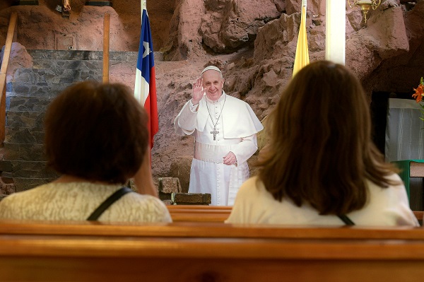 A cut-out of Pope Francis is seen inside a church ahead of the papal visit in Iquique, Chile, January 2018.