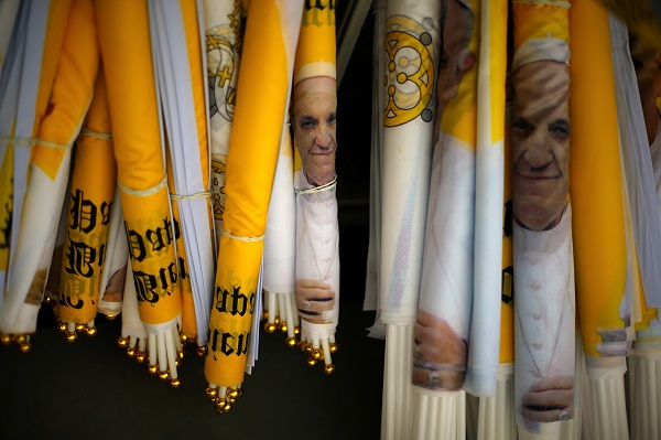 Merchandise bearing the image of Pope Francis is seen on display at a commercial area ahead of the papal visit in Santiago, Chile. 