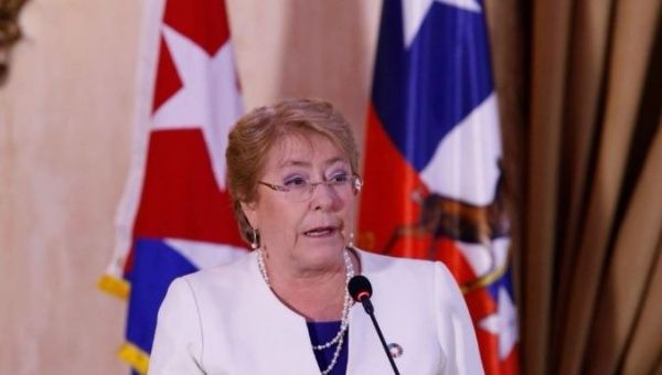 Chile's President Michelle Bachelet speaks during the opening of a business forum in Havana, Cuba.