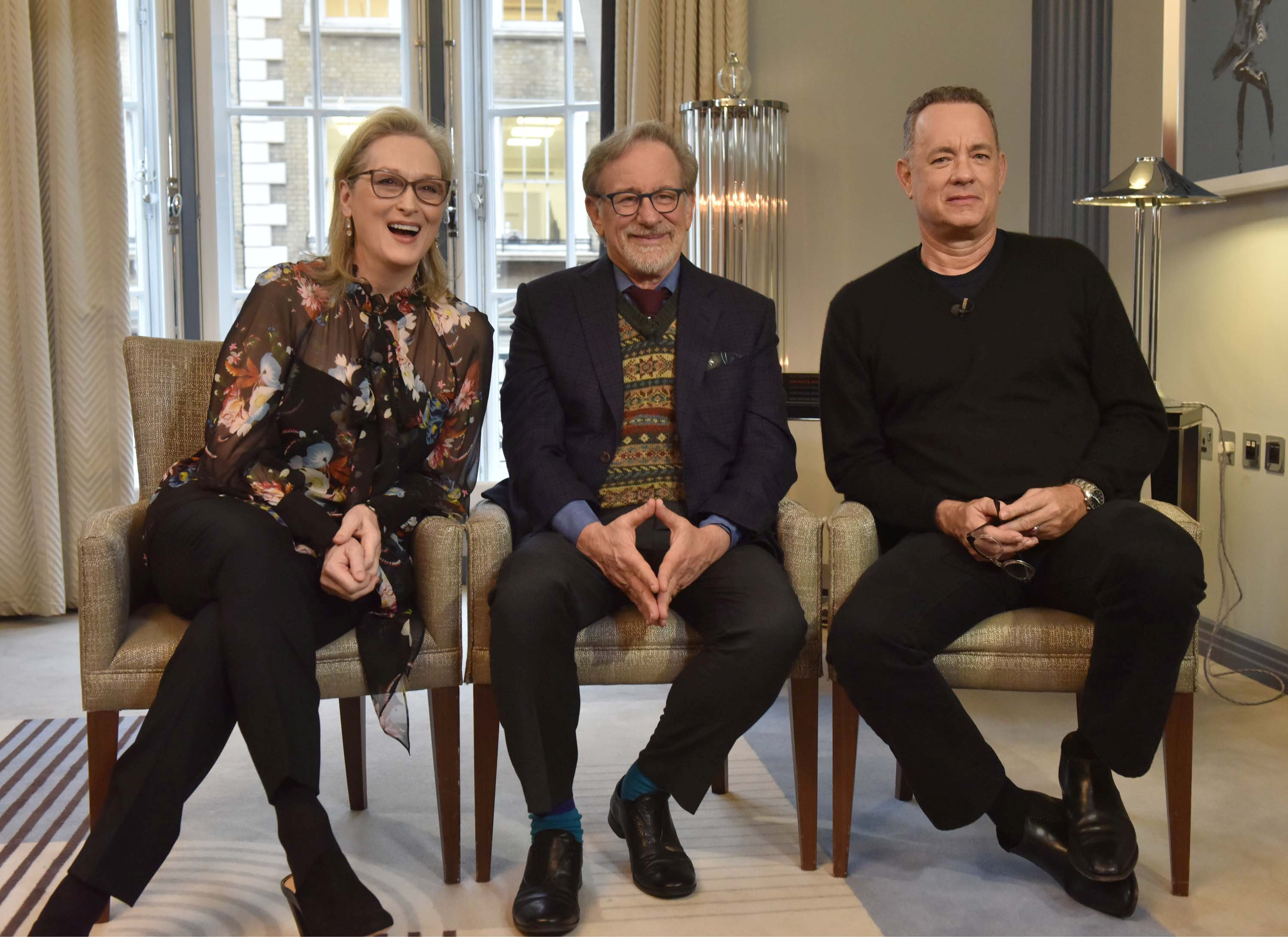 Actors Meryl Streep and Tom Hanks and director Steven Spielberg are seen appearing in an undated pre-recorded interview for the BBC's Andrew Marr Show, in this photograph received via the BBC, in London, Britain January 14, 2018.