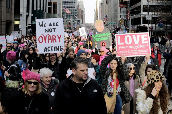 People take part in the second annual Women's March in Manhattan in New York City, January 20.