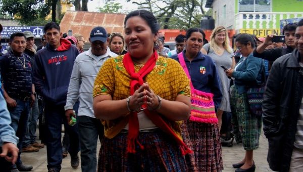 Guatemalan Indigenous activist Maria Choc and supporters before her court hearing on January 20.
