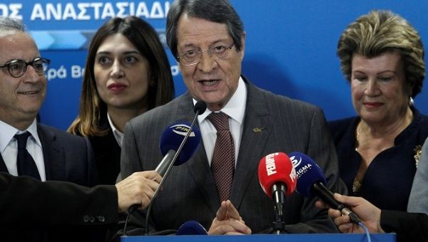 Incumbent Nicos Anastasiades, presidential candidate of the right-wing Democratic Rally party speaks at the campaign headquarters in Nicosia