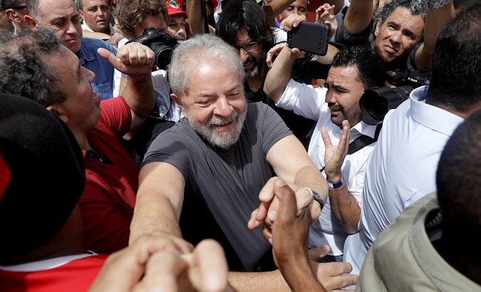 Brazil's former President Luiz Inacio Lula da Silva attends a rally outside the petrochemical complex known as Comperj in Itaborai, Brazil Dec. 7, 2017.