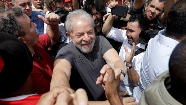 Brazil's former President Luiz Inacio Lula da Silva attends a rally outside the petrochemical complex known as Comperj in Itaborai, Brazil Dec. 7, 2017. 