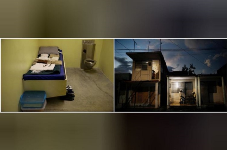 On the left, a standard cell in the Join Task Force Guantanamo Camp VI. Across the city, local residents sit in a small compartment outside their home busy with a game of dominos.