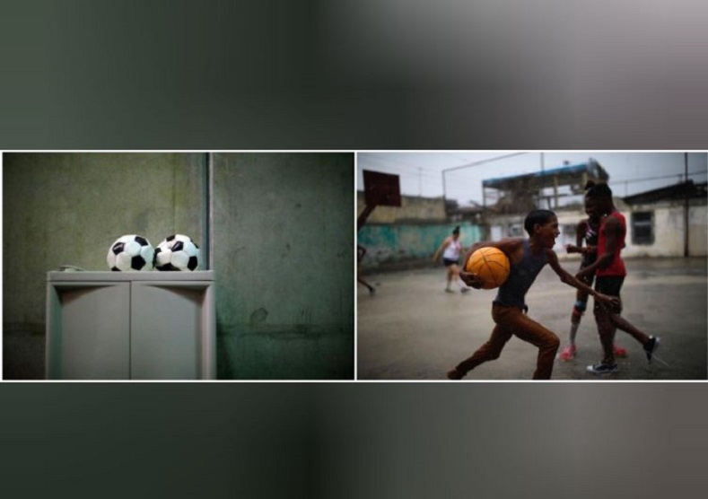 To the left, two soccer balls sit dejected inside a cell block at the U.S. Naval Base. A group of young Cuban boys improvise, using a basketball to play a soccer game in Guantanamo city.
