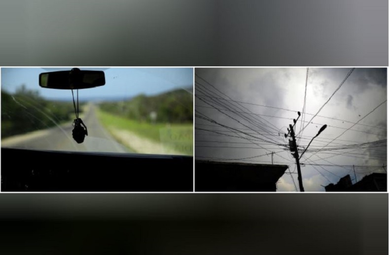 A plastic grenade swings from the rearview mirror above a Navy sailor's dashboard. High above the car, a tangle of electrical wires dangle across a busy street in Guantanamo city.