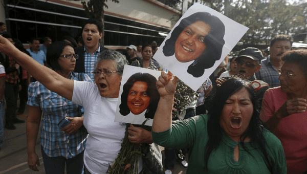 Protesters demanding justice for slain Honduran activist Berta Caceres. 