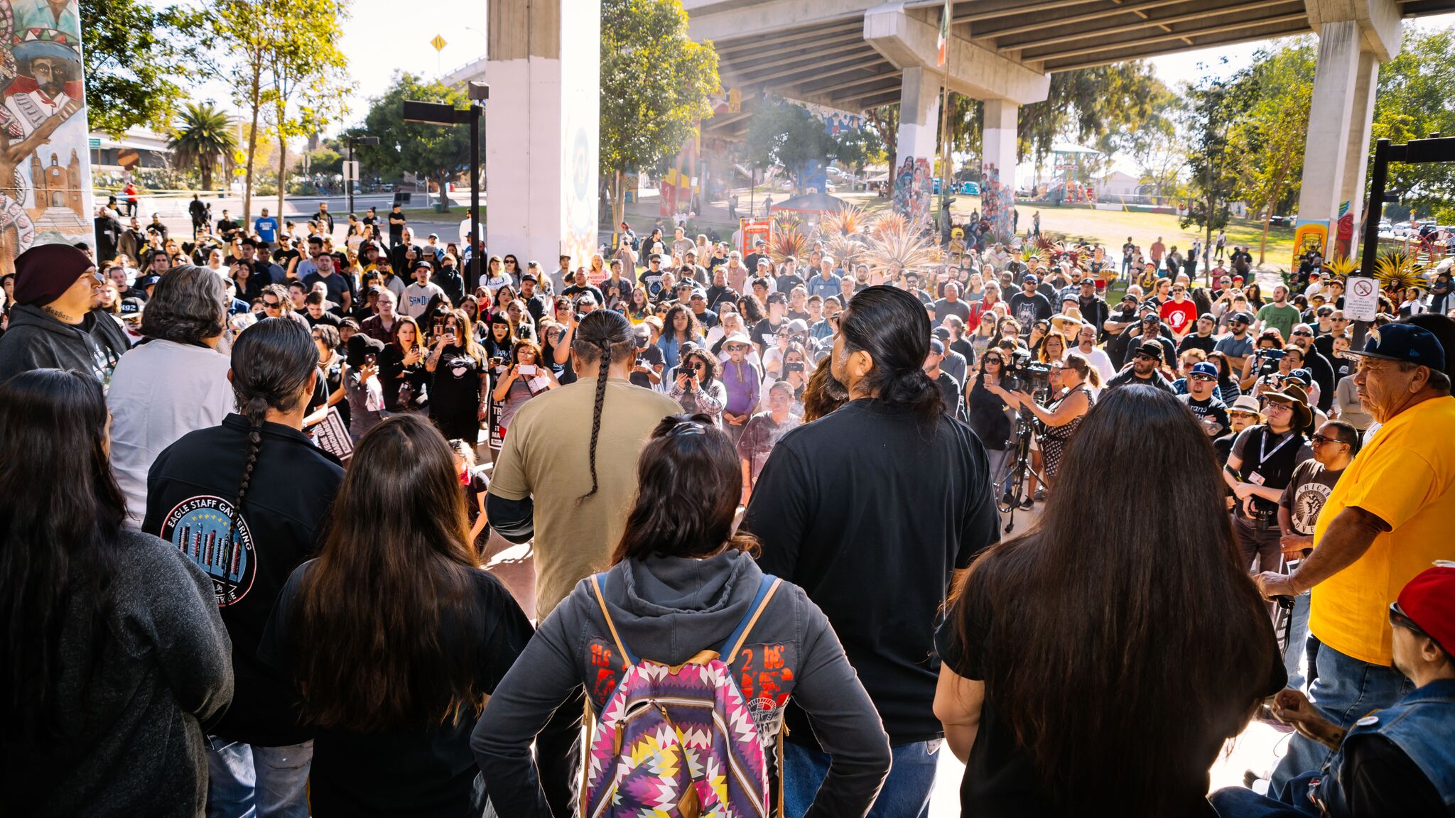 A crowd of people showed up to defend Chicano Park against a 