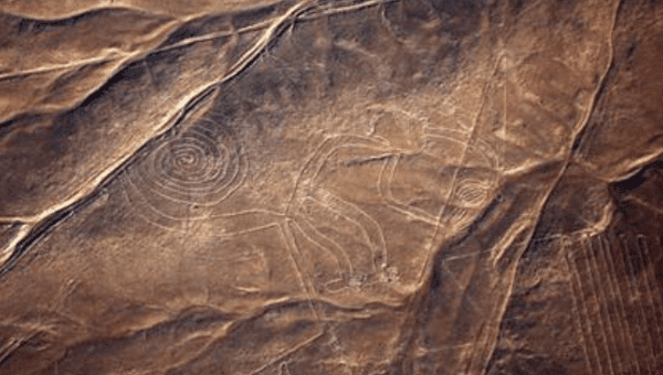 The Nazca geoglyph of a monkey is seen on the plains of the Nazca desert in southern Peru.