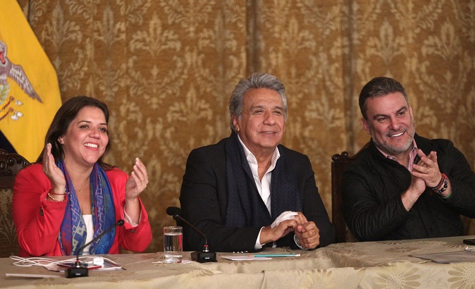 Ecuador's President Moreno, Vice President Vicuna and President of the National Assembly Serrano sit together after a referendum, in Quito.