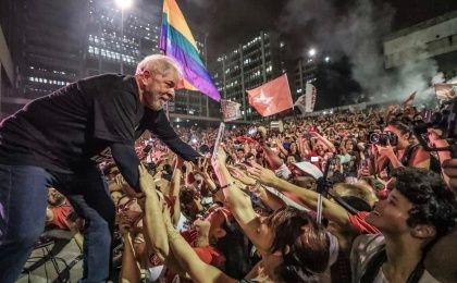 Former Brazilian president Luiz Inacio Lula da Silva with supporters at a recent Workers Party (PT) rally in Sao Paulo, Brazil.