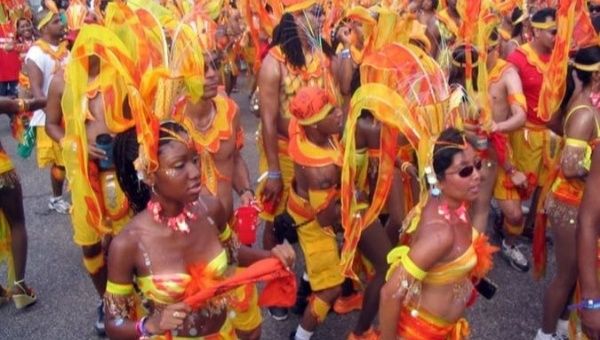 A carnival procession on the Caribbean island of Trinidad.