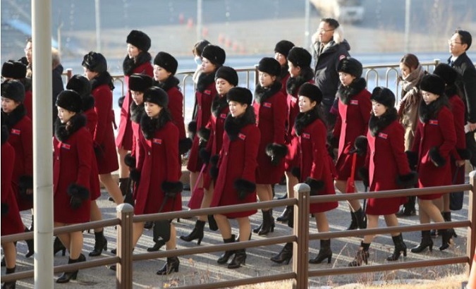 Members of North Korean cheering squad arrive at a hotel in Inje, South Korea, Febb. 7, 2018.