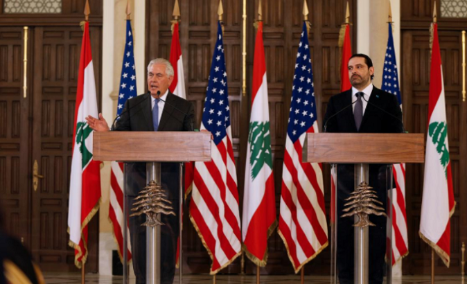 U.S. Secretary of State Rex Tillerson at a news conference with Lebanon's Prime Minister Saad al-Hariri.
