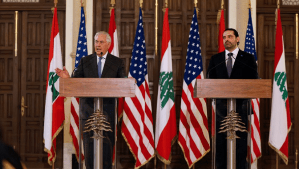 U.S. Secretary of State Rex Tillerson at a news conference with Lebanon's Prime Minister Saad al-Hariri.