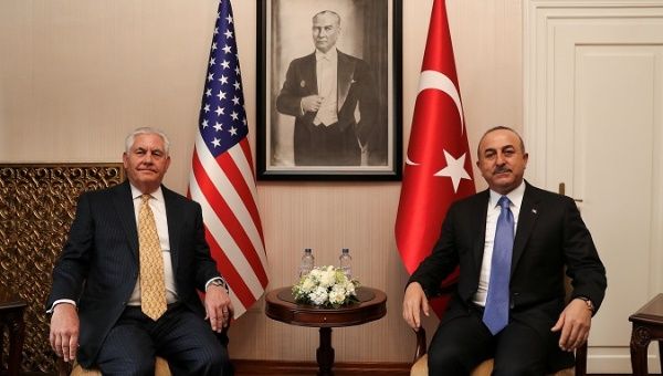 Turkish Foreign Minister Mevlut Cavusoglu meets U.S. Secretary of State Rex Tillerson in Ankara, Turkey, Feb. 16, 2018. 