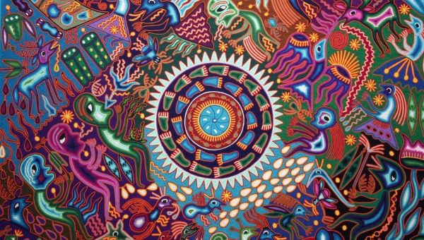 Fragment of an art piece explaining Wixarika cosmology by Jose Benitez Sanchez. The Wixarika are known for their colorful and meaningful art, as well as their constant struggle for land.