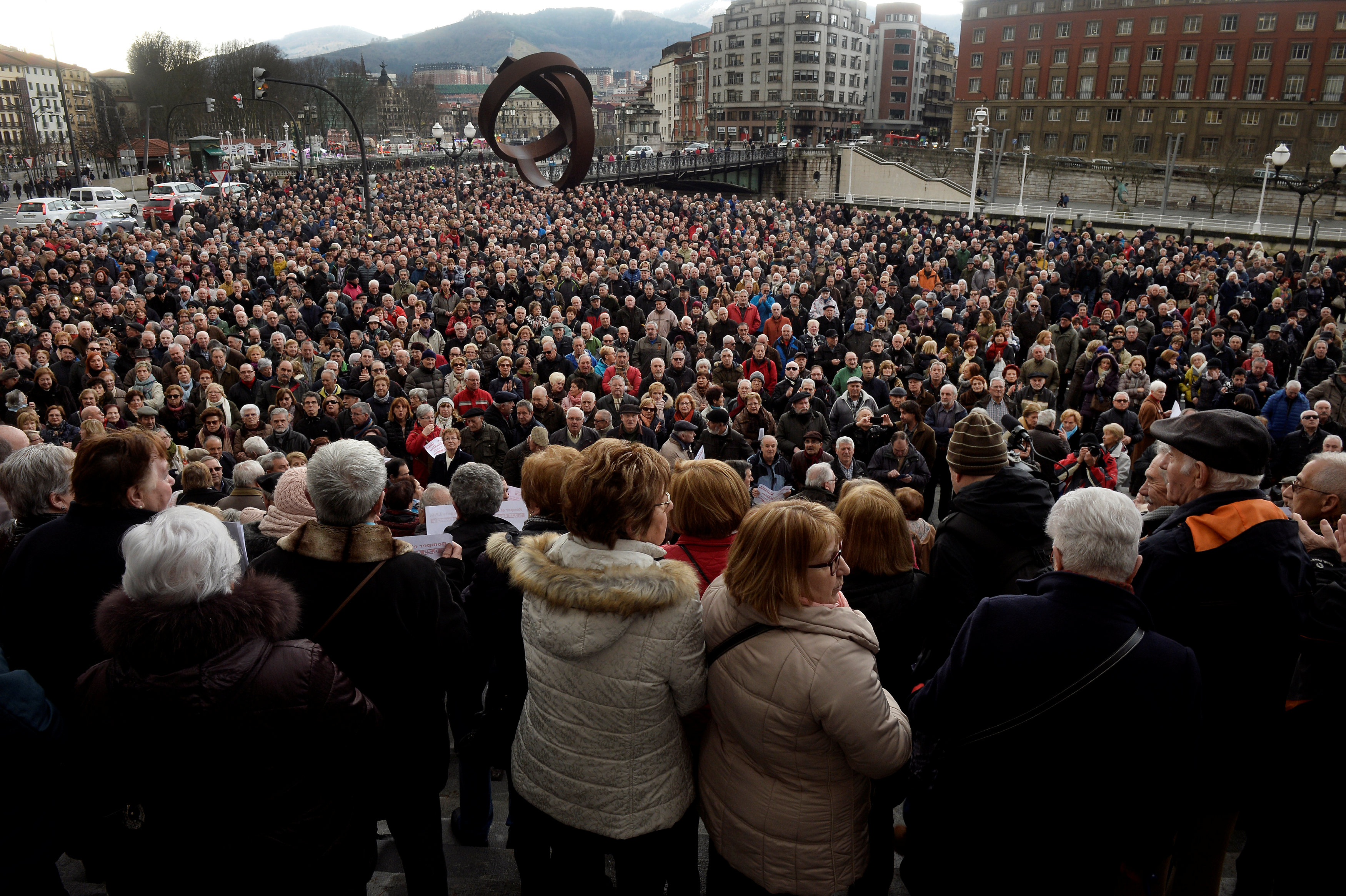 Pensioners take part in a protest in favor of higher state pensions, in Bilbao, Spain, Feb. 12, 2018.