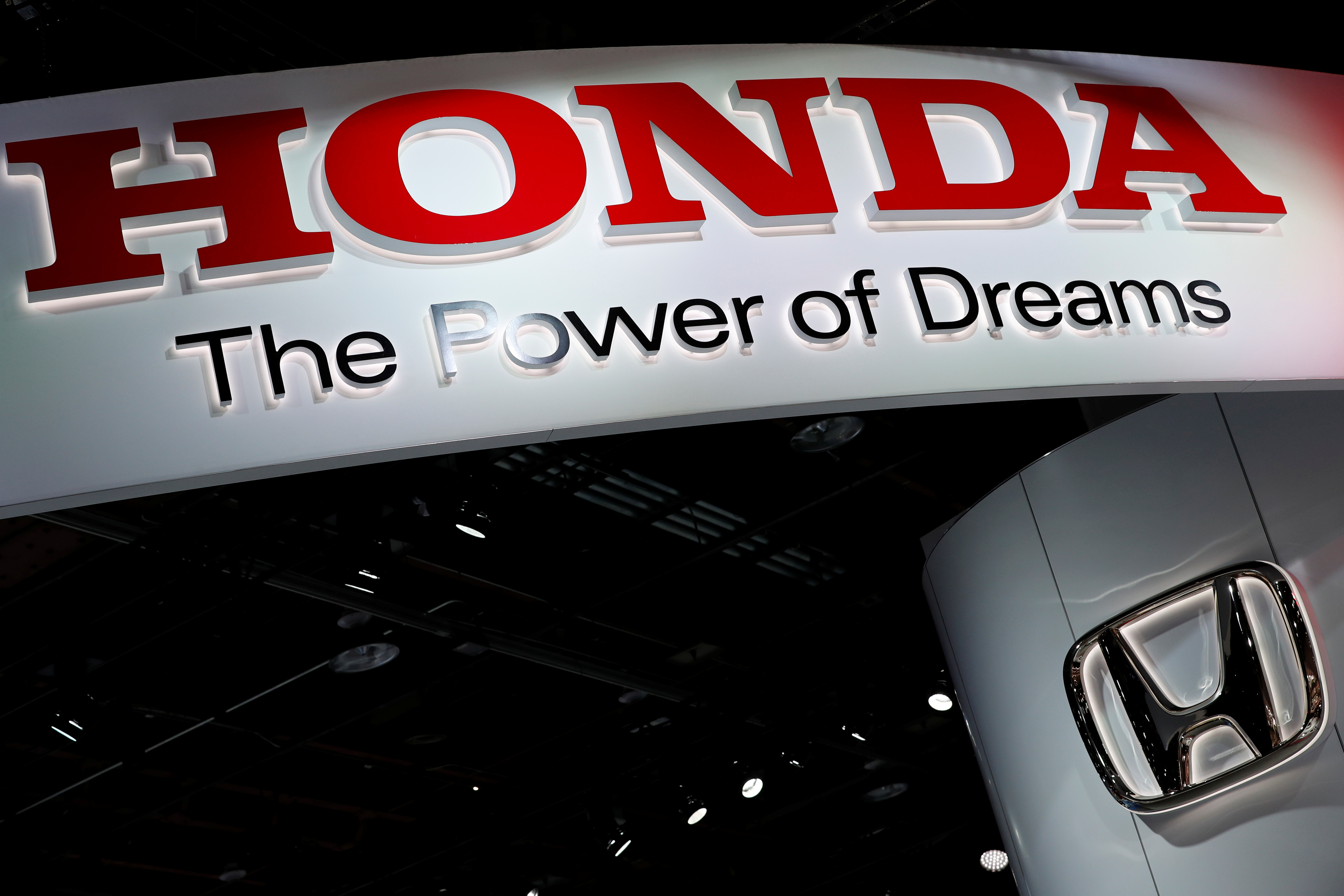 The Honda booth displays the company logo at the North American International Auto Show in Detroit, Michigan, U.S., Jan. 16, 2018.