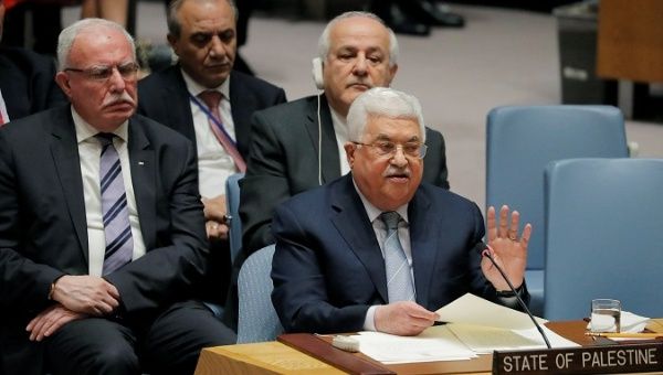 Palestinian President Mahmoud Abbas speaks during a meeting of the United Nations Security Council at UN headquarters in New York, U.S., Feb. 20, 2018.