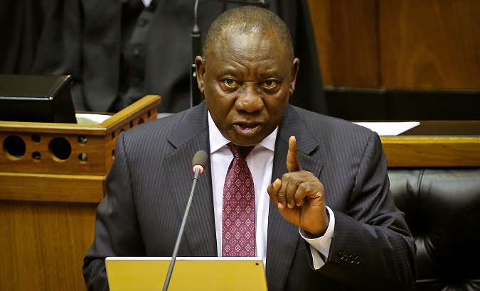 South African President Cyril Ramaphosa speaks in parliament in Cape Town.
