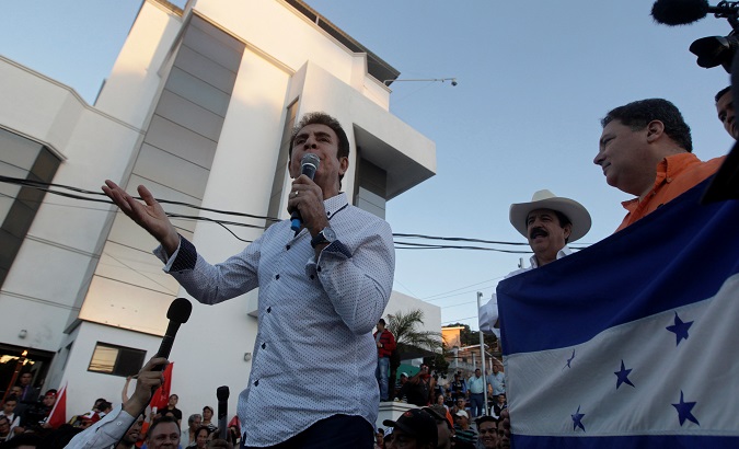 Opposition candidate Salvador Nasralla addresses supporters during a protest against Honduran President Hernandez in Tegucigalpa, Honduras Feb. 16, 2018.