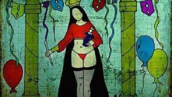 Art depicting Bolivia's Virgin of Socavan de Oruro dressed in a red thong, thigh-high stockings and a crop top are sending shockwaves through the nation.
