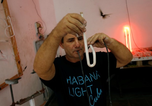 Foreign expertise has come in handy, Lopez Nieves said. There are only a few craftsmen left in Cuba who know how to bend the neon tubes into letters and fill them with gas to create different colors.