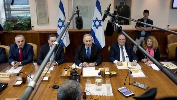 Israeli Prime Minister Benjamin Netanyahu attends the weekly cabinet meeting at his office in Jerusalem.